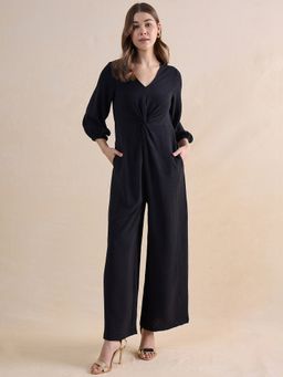 Femmella - Black Front Twist Detailed Jumpsuit