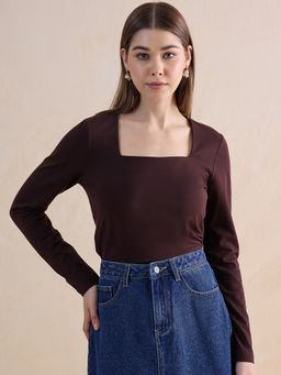 Femmella - Coffee Brown Knit Square Neck Top