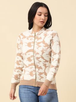 Cantabil - Beige Self Design Regular Fit Wool Cardigan