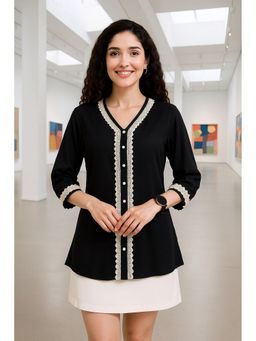 TULSATTVA - Black Viscose Rayon V-Neck Plain Regular Fit Shirt