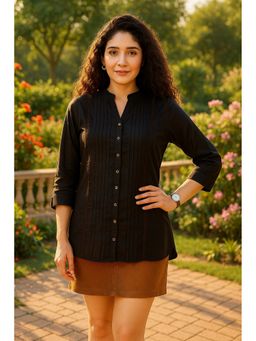 TULSATTVA - Black Viscose Rayon Mandarin Neck Stripes Regular Fit Shirt