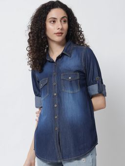 TULSATTVA - Women'S Blue Denim Collar Neck Plain Regular Fit Shirt