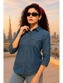 TULSATTVA - Women'S Blue Denim Collar Neck Plain Regular Fit Shirt