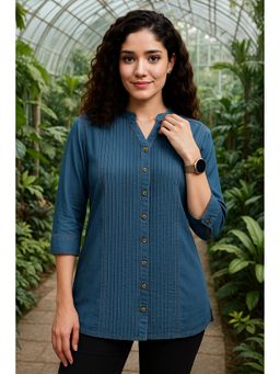 TULSATTVA - Blue Denim Mandarin Neck Stripes Regular Fit Shirt