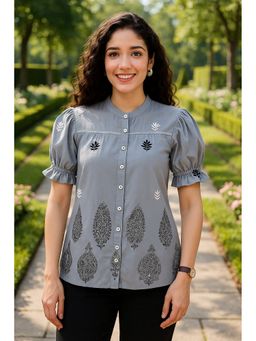 TULSATTVA - Grey Cotton Mandarin Neck Embroidered Regular Fit Shirt