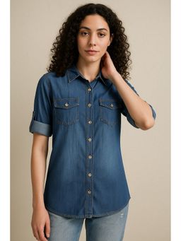 TULSATTVA - Blue Denim Collar Neck Plain Regular Fit Shirt