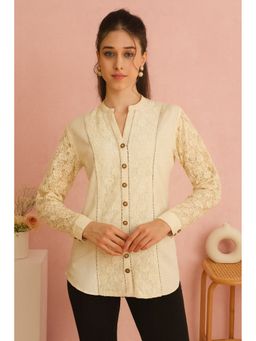 TULSATTVA - Beige Cotton Mandarin Neck Self Design Regular Fit Shirt