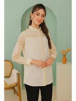 TULSATTVA - Women'S Beige Cotton Collar Neck Self Design Regular Fit Shirt
