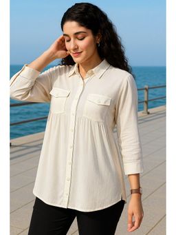 TULSATTVA - Off White Viscose Rayon Collar Neck Plain Regular Fit Shirt