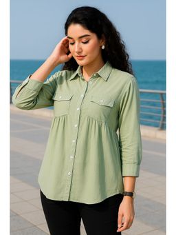 TULSATTVA - Green Cotton Collar Neck Plain Regular Fit Shirt