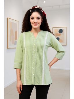 TULSATTVA - Green Cotton Mandarin Neck Stripes Regular Fit Shirt