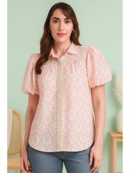 TULSATTVA - Pink Cotton Collar Neck Self Design Regular Fit Shirt