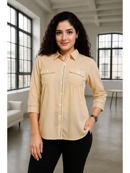 TULSATTVA - Beige Cotton Collar Neck Plain Regular Fit Shirt
