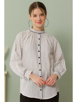 TULSATTVA - White Cotton Mandarin Neck Stripes Regular Fit Shirt