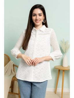 TULSATTVA - White Cotton Collar Neck Self Design Regular Fit Shirt
