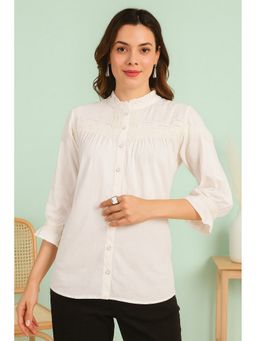 TULSATTVA - White Cotton Mandarin Neck Self Design Regular Fit Shirt