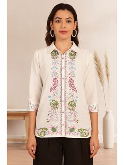TULSATTVA - White Cotton Collar Neck Printed Regular Fit Shirt