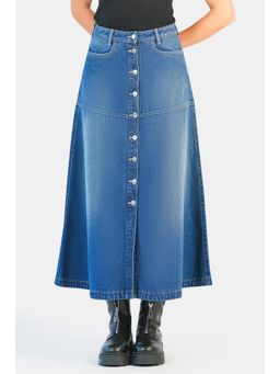 Virgio - Solid Cotton Denim A-Line Midi Skirt