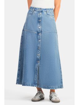 Virgio - Solid Cotton Denim A-Line Midi Skirt