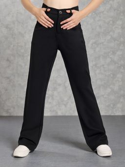 BROADSTAR - Black Polyester Straight Korean Pant