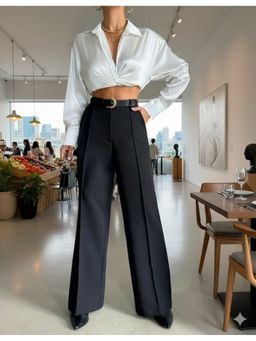 BROADSTAR - Black Polyester Straight Korean Pant