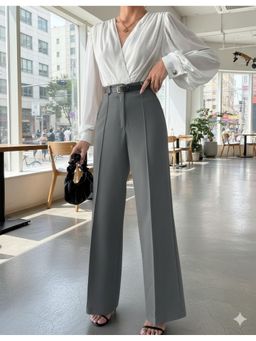 BROADSTAR - Grey Polyester Straight Korean Pant