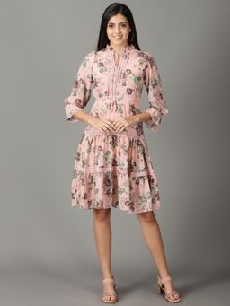SHOWOFF - Womens Printed Tie-Up Neck Peach Knee Length Dress