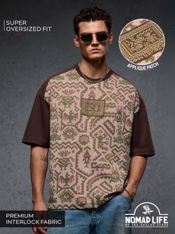 The Souled Store - Men Brown Tribal Printed Super Oversized T-shirt