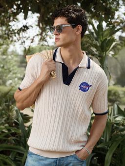 The Souled Store - Men Cream Self Design Half Sleeves Polo T-shirt