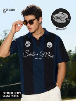 The Souled Store - Men Navy Blue Embroidered Oversized Polo T-shirt