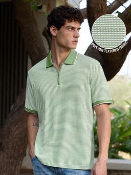 The Souled Store - Men Soft Basil Green Textured Zipper Polo T-shirt