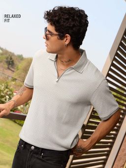 The Souled Store - Men Classic Grey Textured Zipper Polo T-shirt