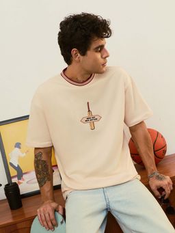 The Souled Store - Men Beige Bat First Embroidered Oversized T-shirt