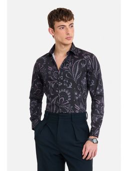Snitch - Men Black Floral Printed Full Sleeves Slim Casual Shirt