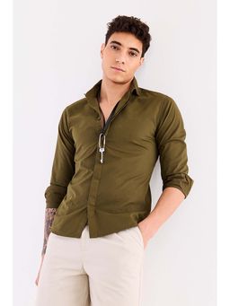 Snitch - Men Olive Solid Full Sleeves Slim Fit Shirt