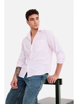 Snitch - Men Light Pink Stripes Full Sleeves Regular Fit Casual Shirt