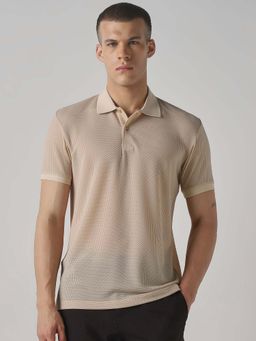Mufti - Men Beige Textured Half Sleeves Polo T-shirt