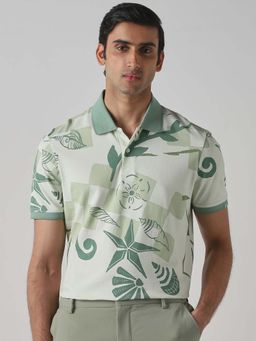 Mufti - Men Muted Sage Green Printed Polo T-shirt