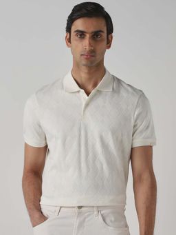 Mufti - Men Off White Self Design Polo T-shirt