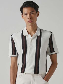 Mufti - Men White Stripes Half Sleeves Polo T-shirt