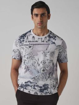 Mufti - Men Muted Grey Floral Printed T-shirt