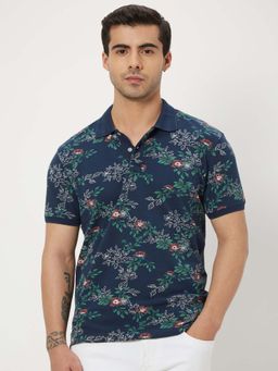 Mufti - Men Dark Navy Blue Floral Printed Polo T-shirt