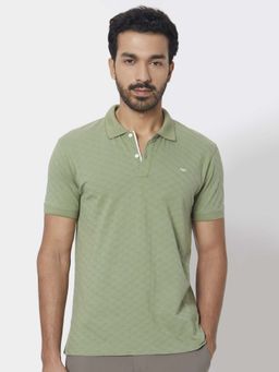 Mufti - Men Light Sage Green Textured Half Sleeves Polo T-shirt