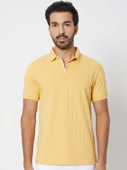Mufti - Men Yellow Textured Half Sleeves Polo T-shirt