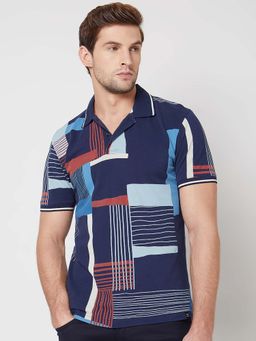 Mufti - Men Navy Blue Geometric Printed Polo T-shirt