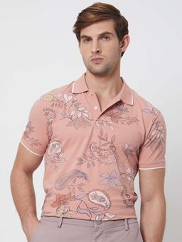 Mufti - Men Muted Peach Floral Printed Polo T-shirt