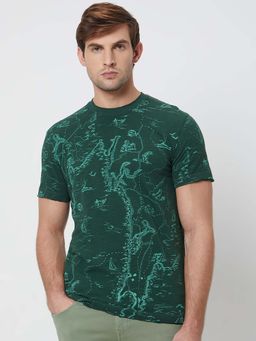 Mufti - Men Dark Forest Green Abstract Printed T-shirt