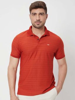 Mufti - Men Orange Textured Half Sleeves Polo T-shirt