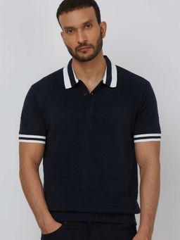 Mufti - Men Deep Navy Blue Self Design Polo T-shirt