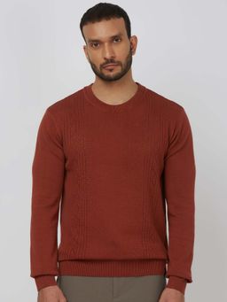 Mufti - Men Rust Textured Full Sleeves Sweater